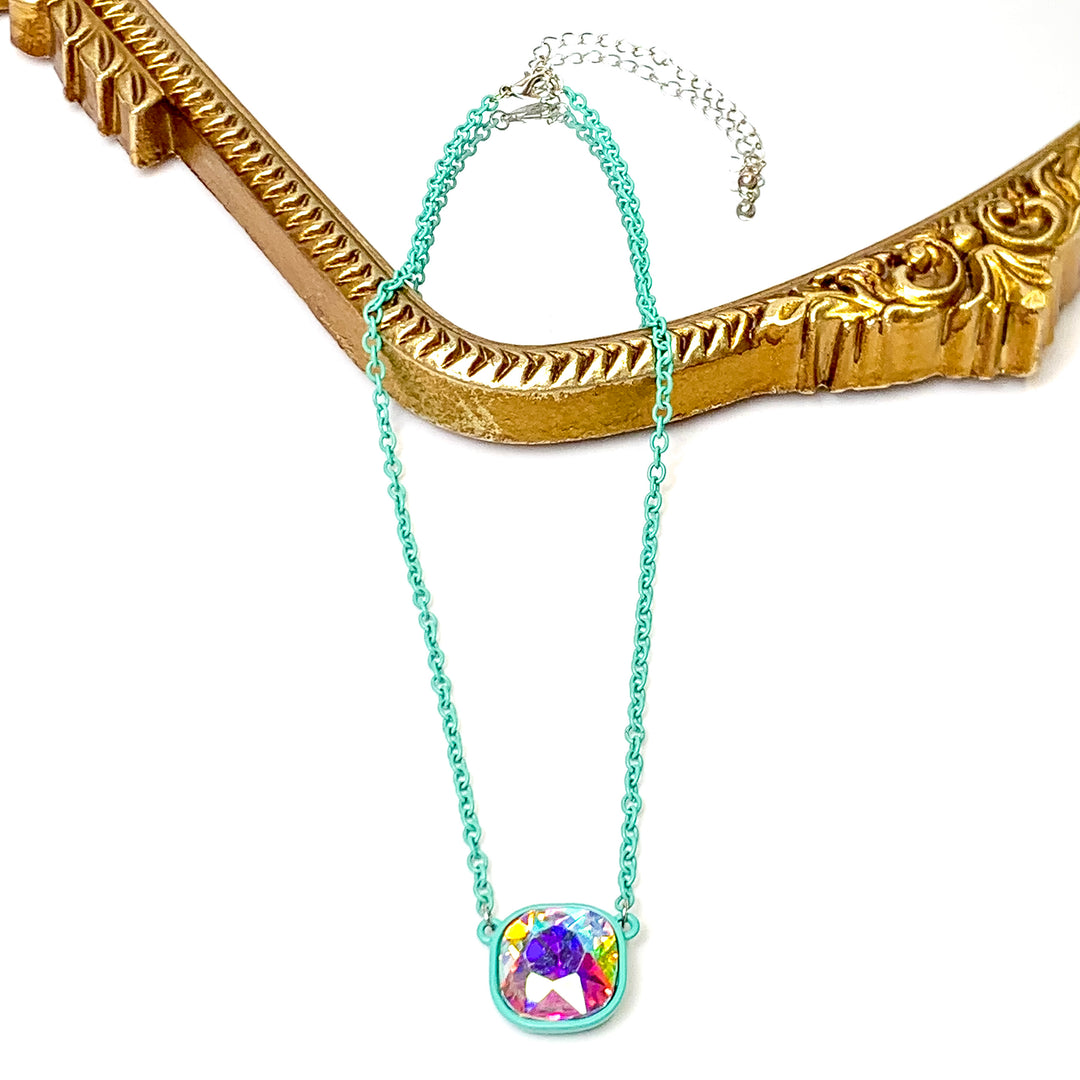 AB Cushion Cut Crystal Necklace in Mint - Giddy Up Glamour Boutique