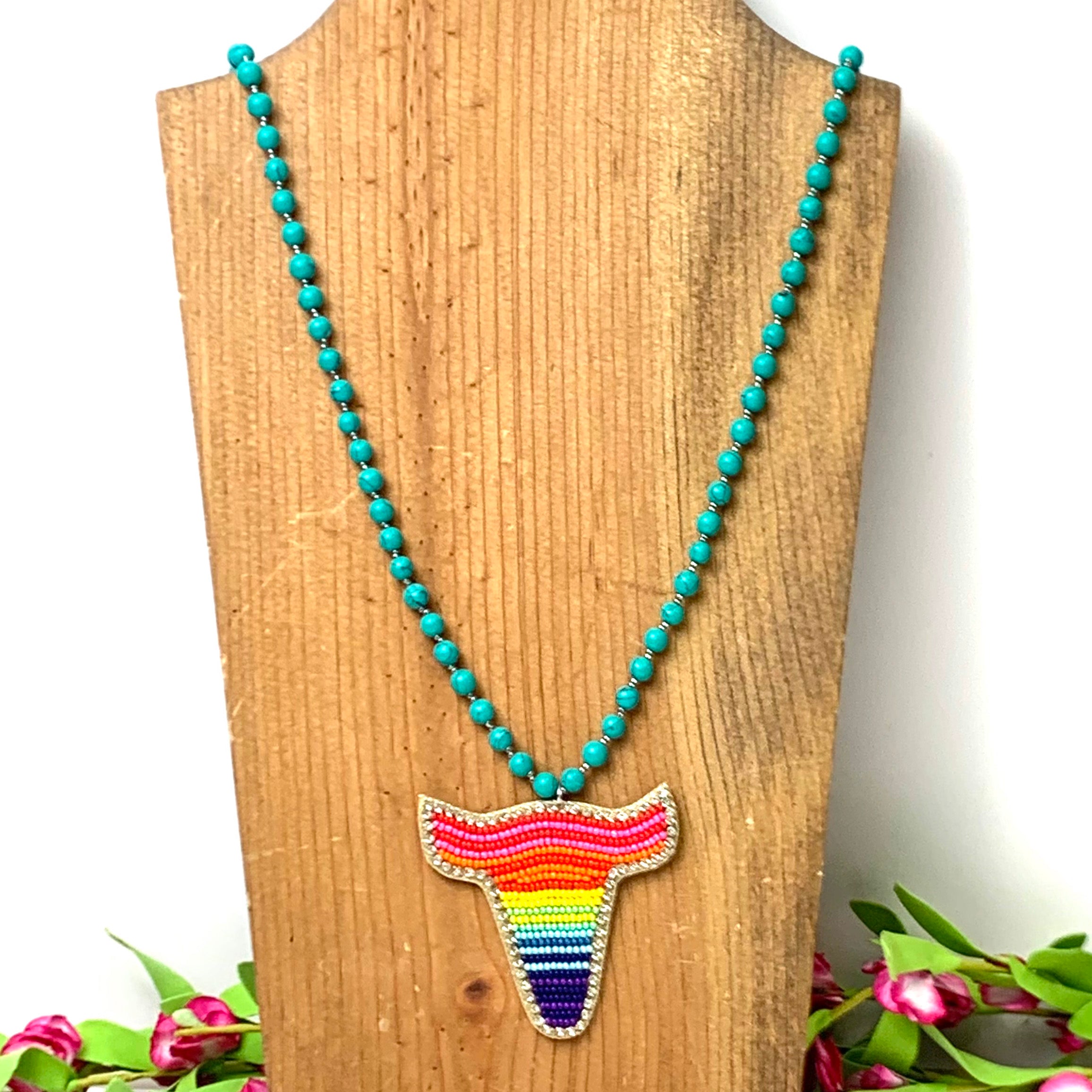 Faux Turquoise Beaded Necklace with Rainbow Seed Bead and Rhinestone Bull Pendant - Giddy Up Glamour Boutique