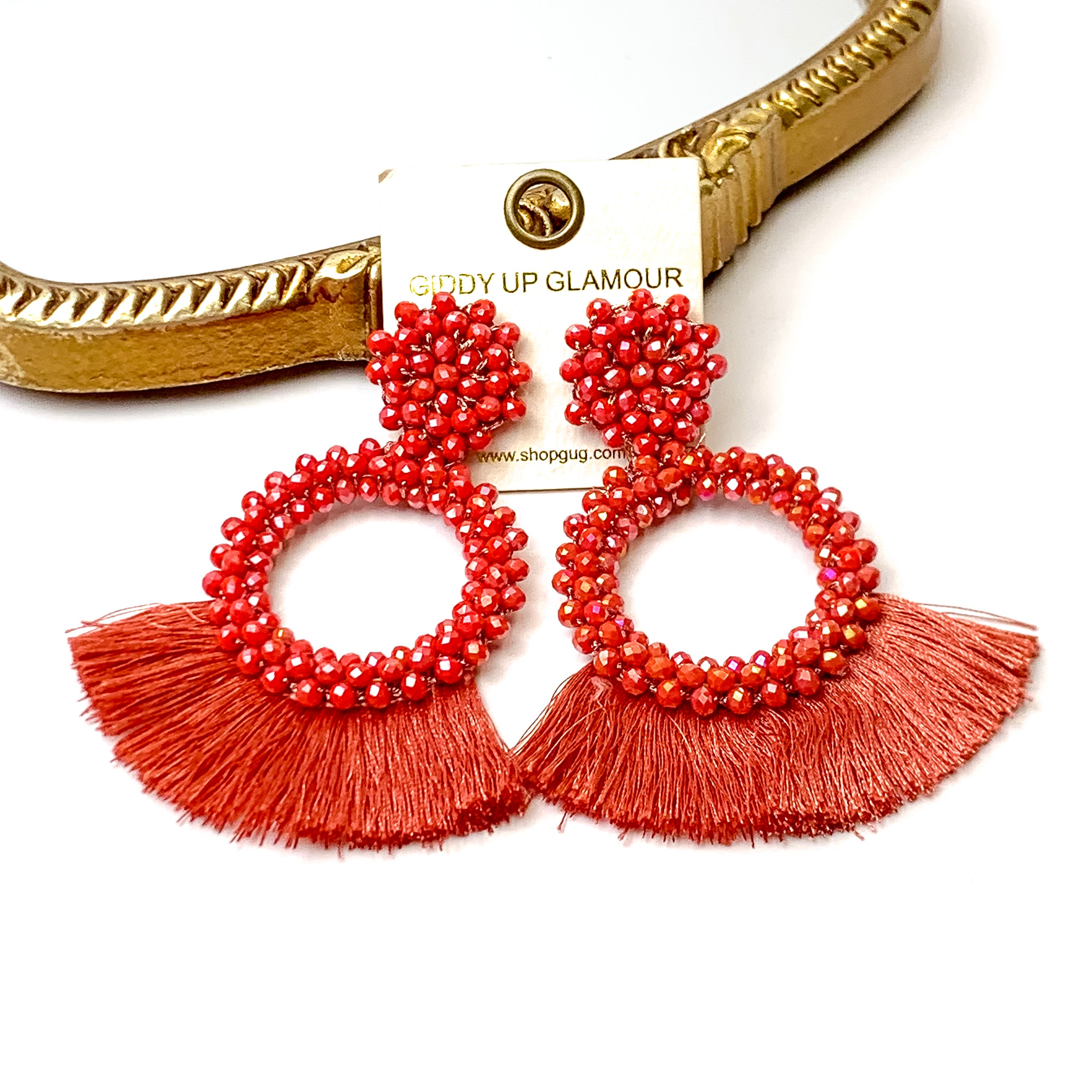 Seed Bead Circle Hoops with Fan Fringe Trim in Dusty Red - Giddy Up Glamour Boutique