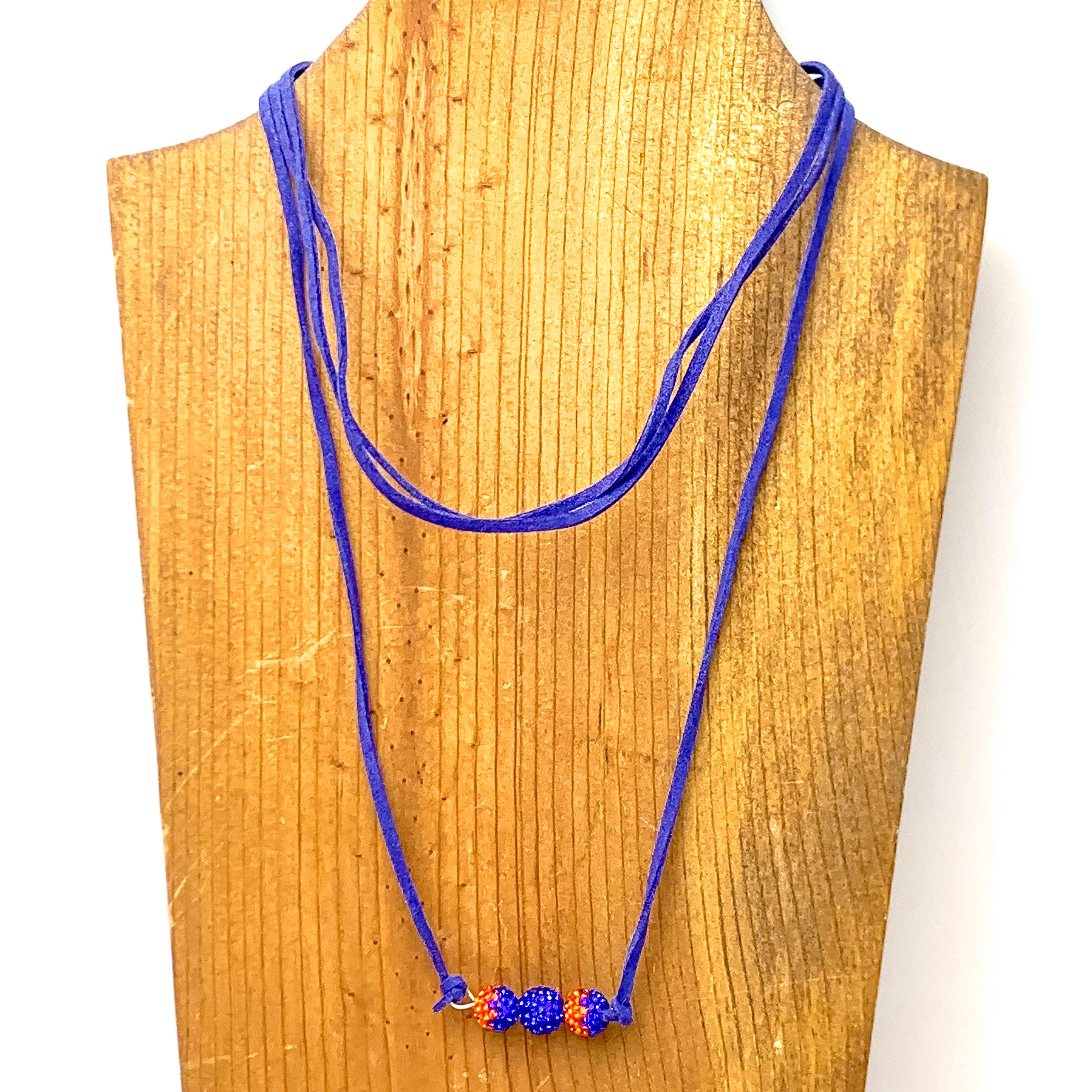 Blue Suede Cord Necklace with Orange and Blue Rhinestone Beads - Giddy Up Glamour Boutique