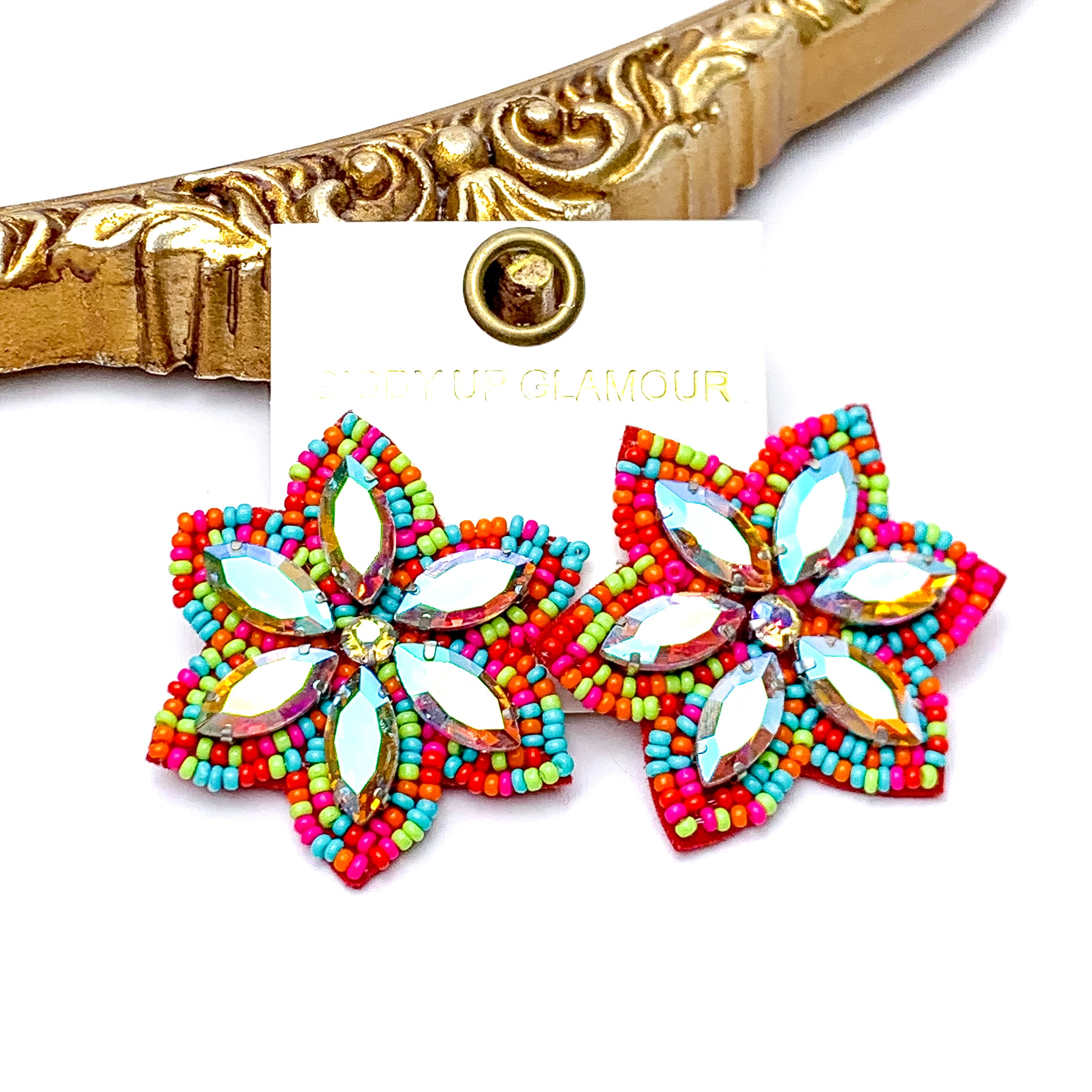 Prismatic Petals Seed Bead Flower Stud Earrings with AB stones in Red Multi Mix