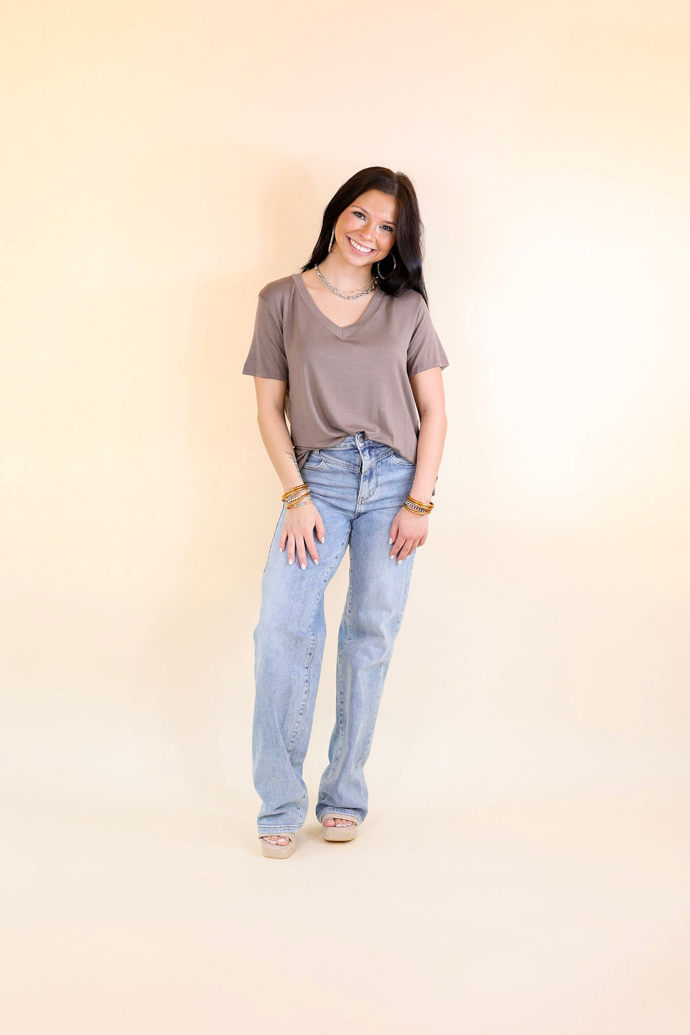 It's That Simple Solid V Neck Tee in Taupe