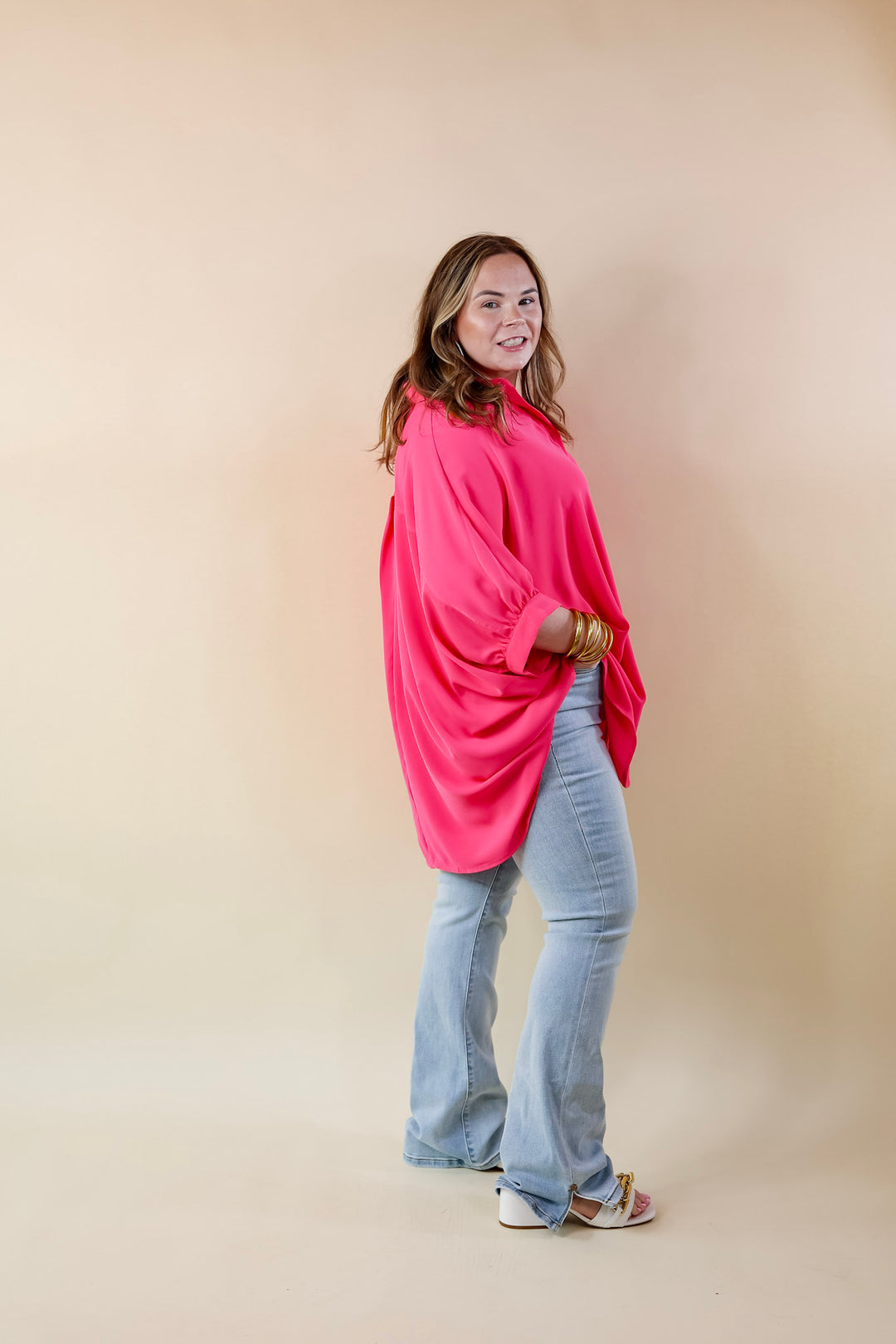City Lifestyle Button Up Half Sleeve Poncho Top in Hot Pink - Giddy Up Glamour Boutique