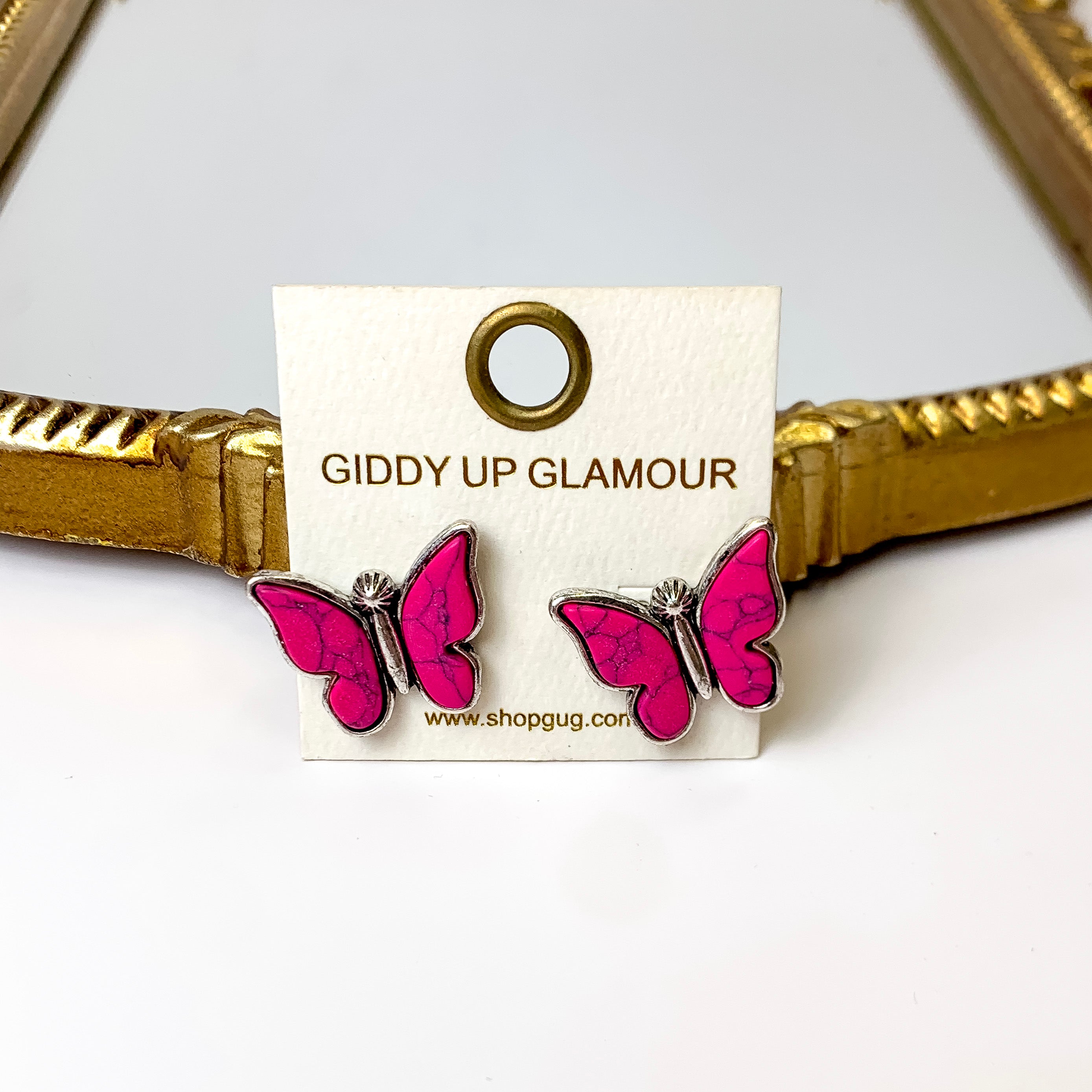 Silver Tone Faux Stone Butterfly Earrings in Fuchsia Pink - Giddy Up Glamour Boutique