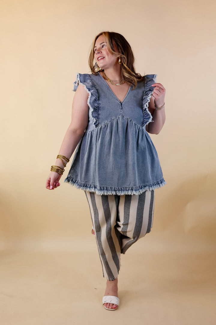 Name Of The Game Denim Ruffle Cap Sleeve Top in Medium Wash - Giddy Up Glamour Boutique