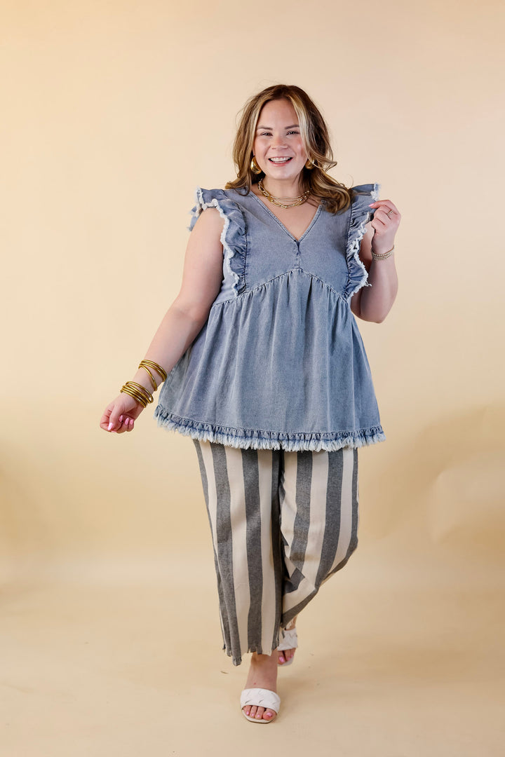 Name Of The Game Denim Ruffle Cap Sleeve Top in Medium Wash - Giddy Up Glamour Boutique