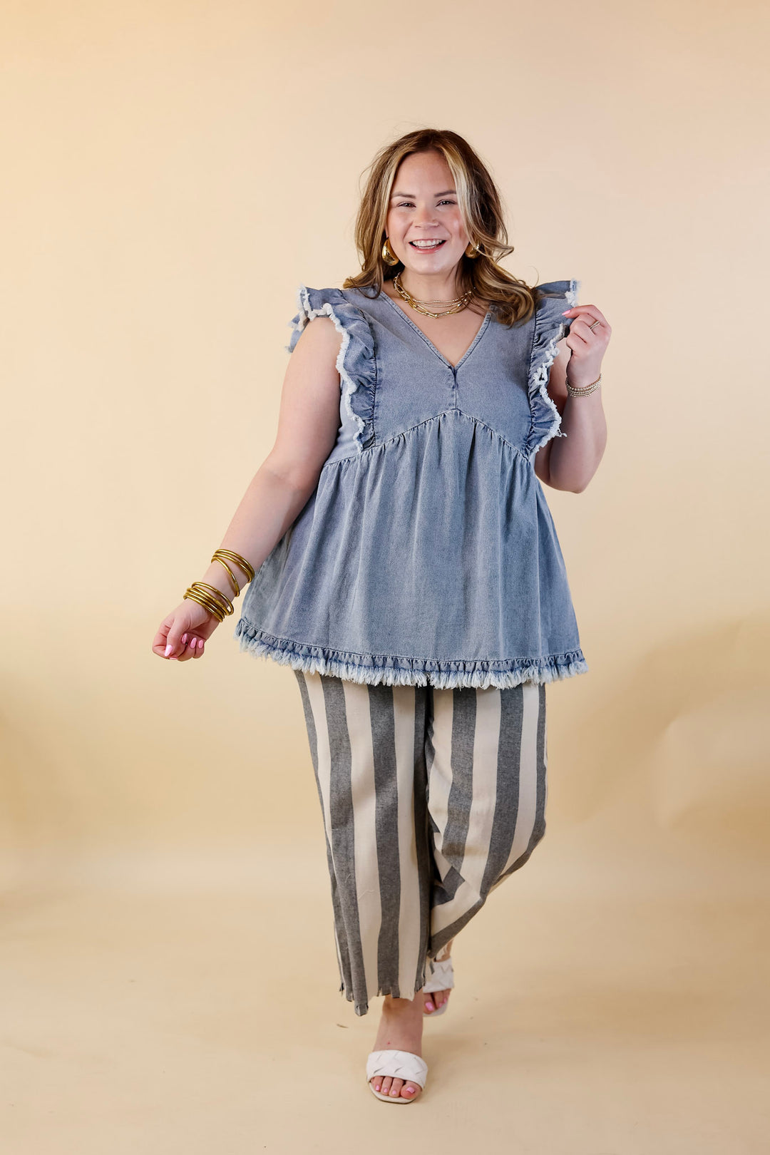 Right On Cue Elastic Waistband Striped Cropped Pants with Frayed Hem in Black - Giddy Up Glamour Boutique