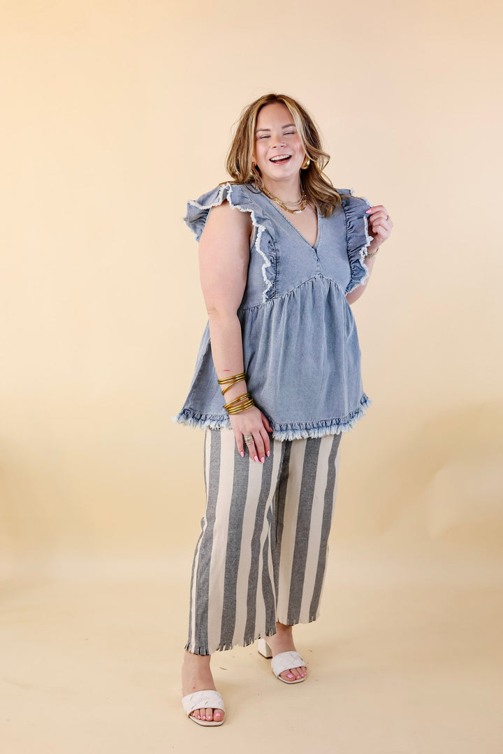 Right On Cue Elastic Waistband Striped Cropped Pants with Frayed Hem in Black - Giddy Up Glamour Boutique