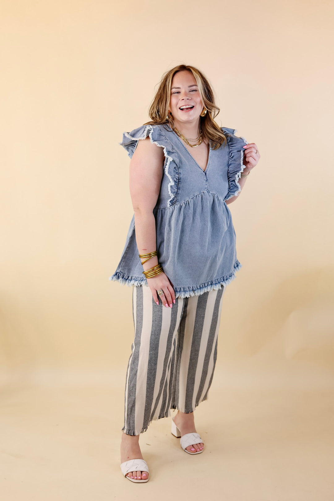 Name Of The Game Denim Ruffle Cap Sleeve Top in Medium Wash - Giddy Up Glamour Boutique