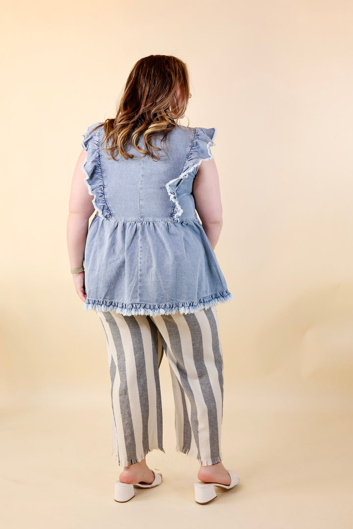 Name Of The Game Denim Ruffle Cap Sleeve Top in Medium Wash - Giddy Up Glamour Boutique