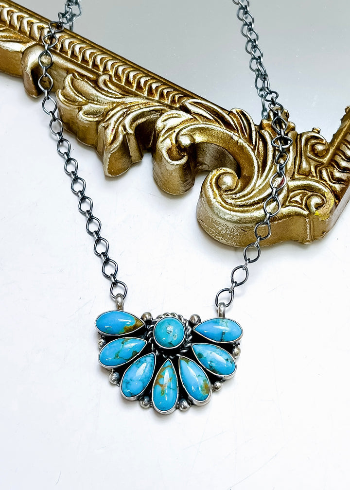 E. Garfield | Sterling Silver Native American Handmade Turquoise Half Cluster Necklace