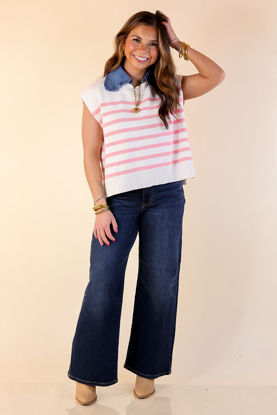 Stripe Things Up Drop Shoulder Knit Sweater in White with Pink Stripes