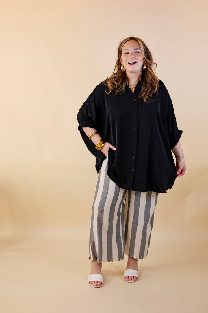 Right On Cue Elastic Waistband Striped Cropped Pants with Frayed Hem in Black - Giddy Up Glamour Boutique