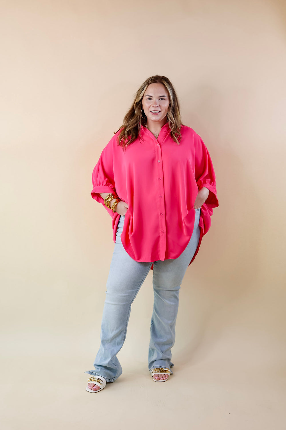 City Lifestyle Button Up Half Sleeve Poncho Top in Hot Pink - Giddy Up Glamour Boutique