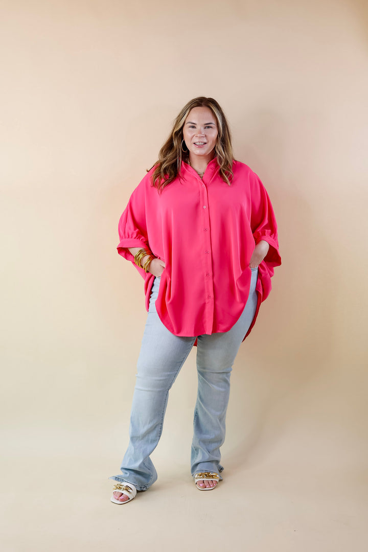 City Lifestyle Button Up Half Sleeve Poncho Top in Hot Pink - Giddy Up Glamour Boutique