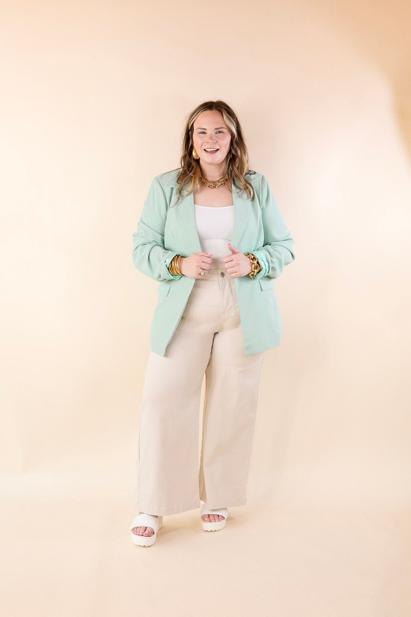 Winning Awards Long Sleeve Blazer in Mint Green - Giddy Up Glamour Boutique