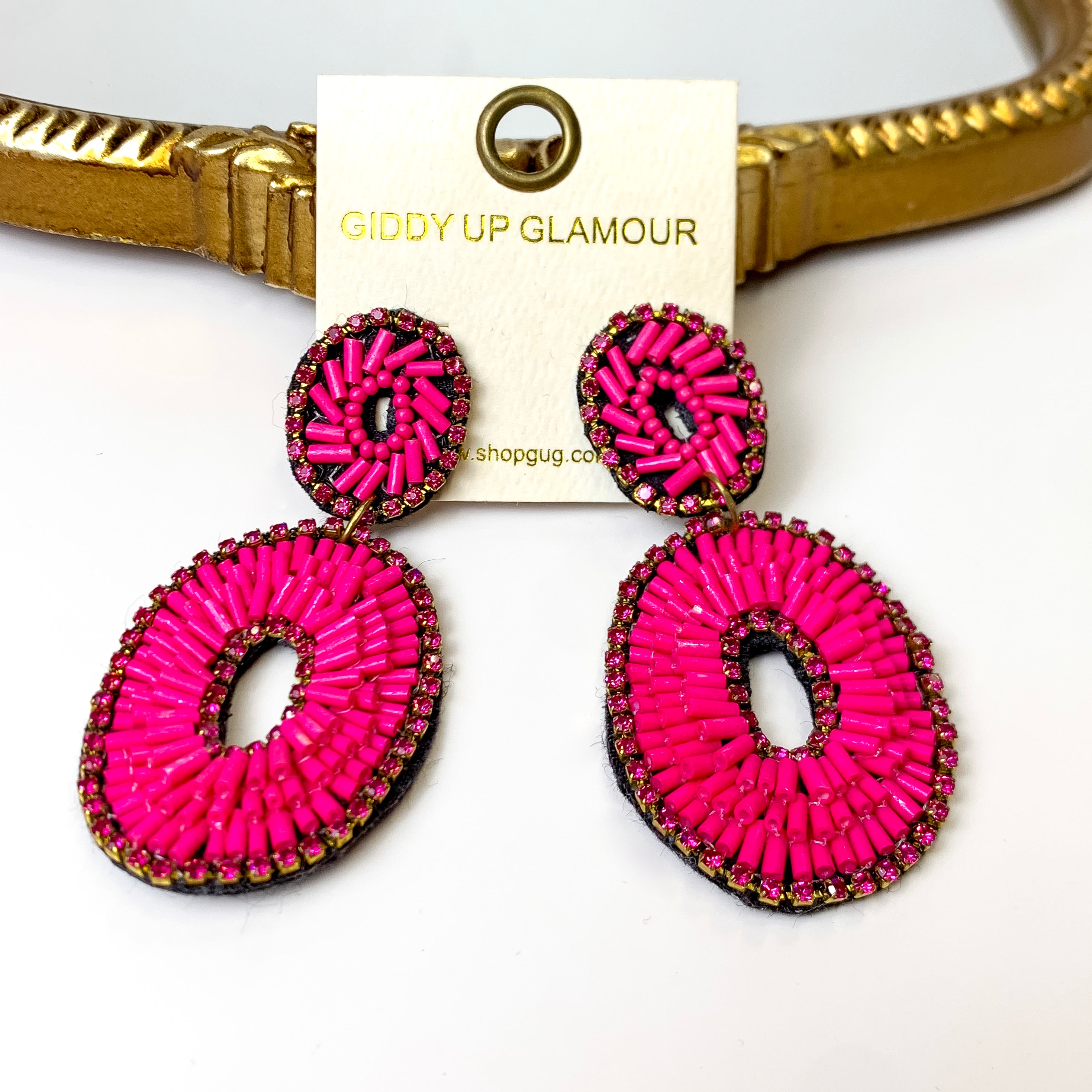 Bugle Bead Oval Earrings in Fuchsia Pink - Giddy Up Glamour Boutique