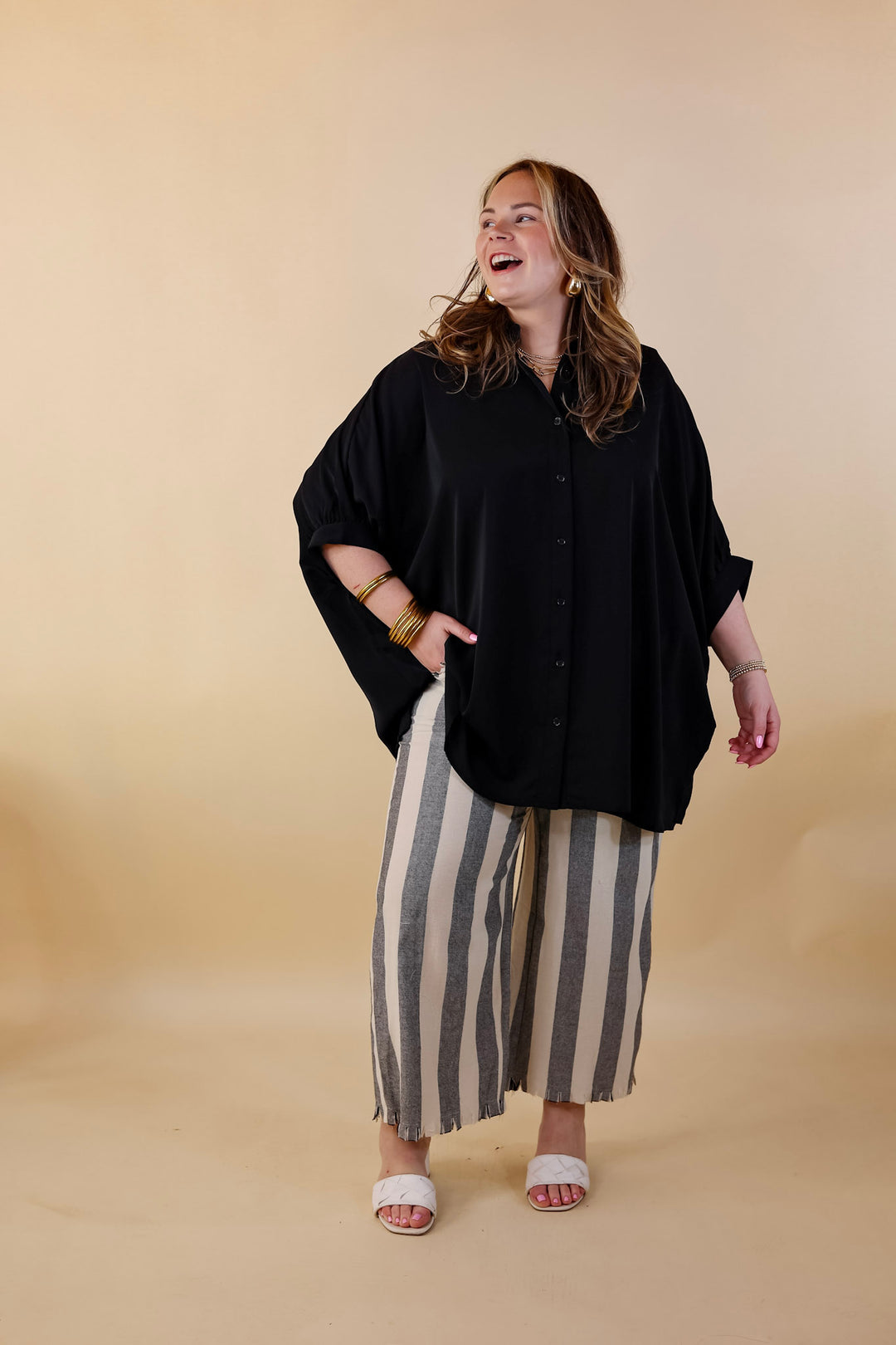 Right On Cue Elastic Waistband Striped Cropped Pants with Frayed Hem in Black - Giddy Up Glamour Boutique