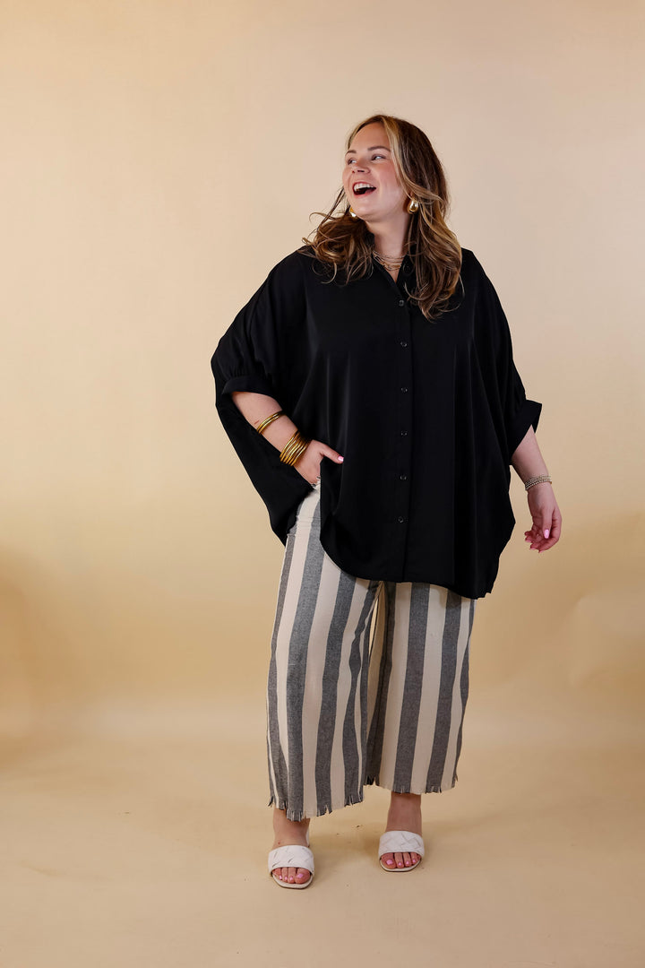 Right On Cue Elastic Waistband Striped Cropped Pants with Frayed Hem in Black - Giddy Up Glamour Boutique
