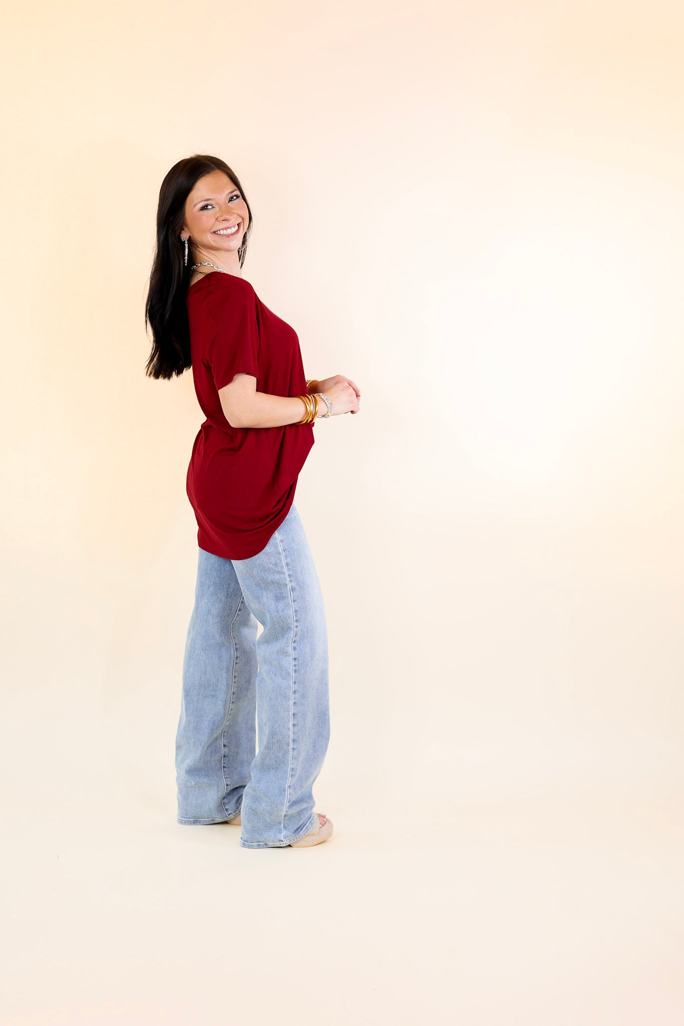 It's That Simple Solid V Neck Tee in Maroon