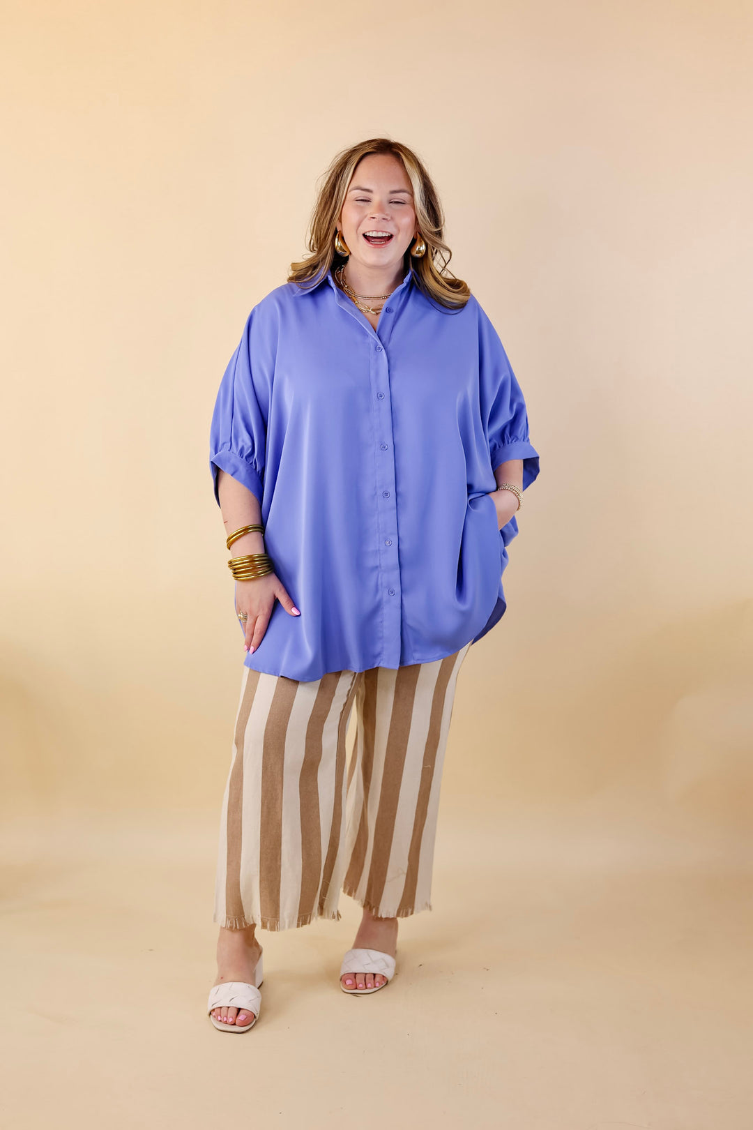 City Lifestyle Button Up Half Sleeve Poncho Top in Chambray Blue - Giddy Up Glamour Boutique