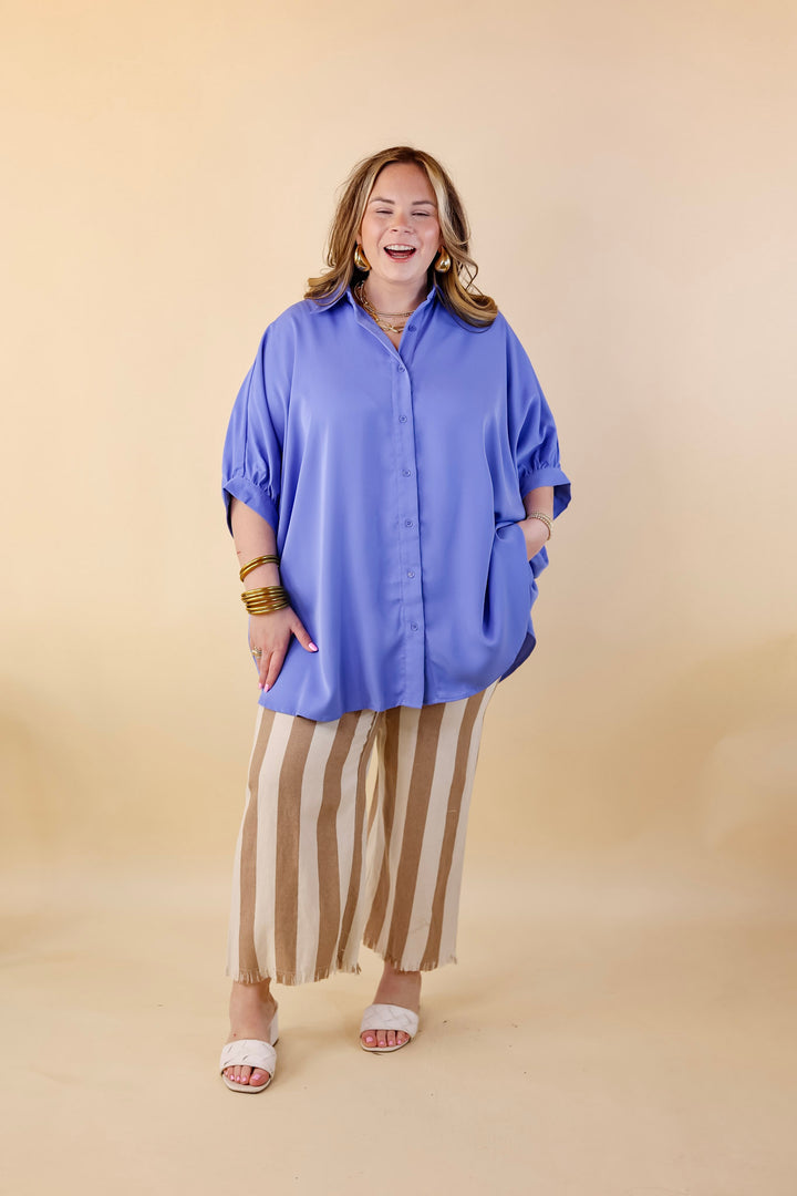 City Lifestyle Button Up Half Sleeve Poncho Top in Chambray Blue - Giddy Up Glamour Boutique