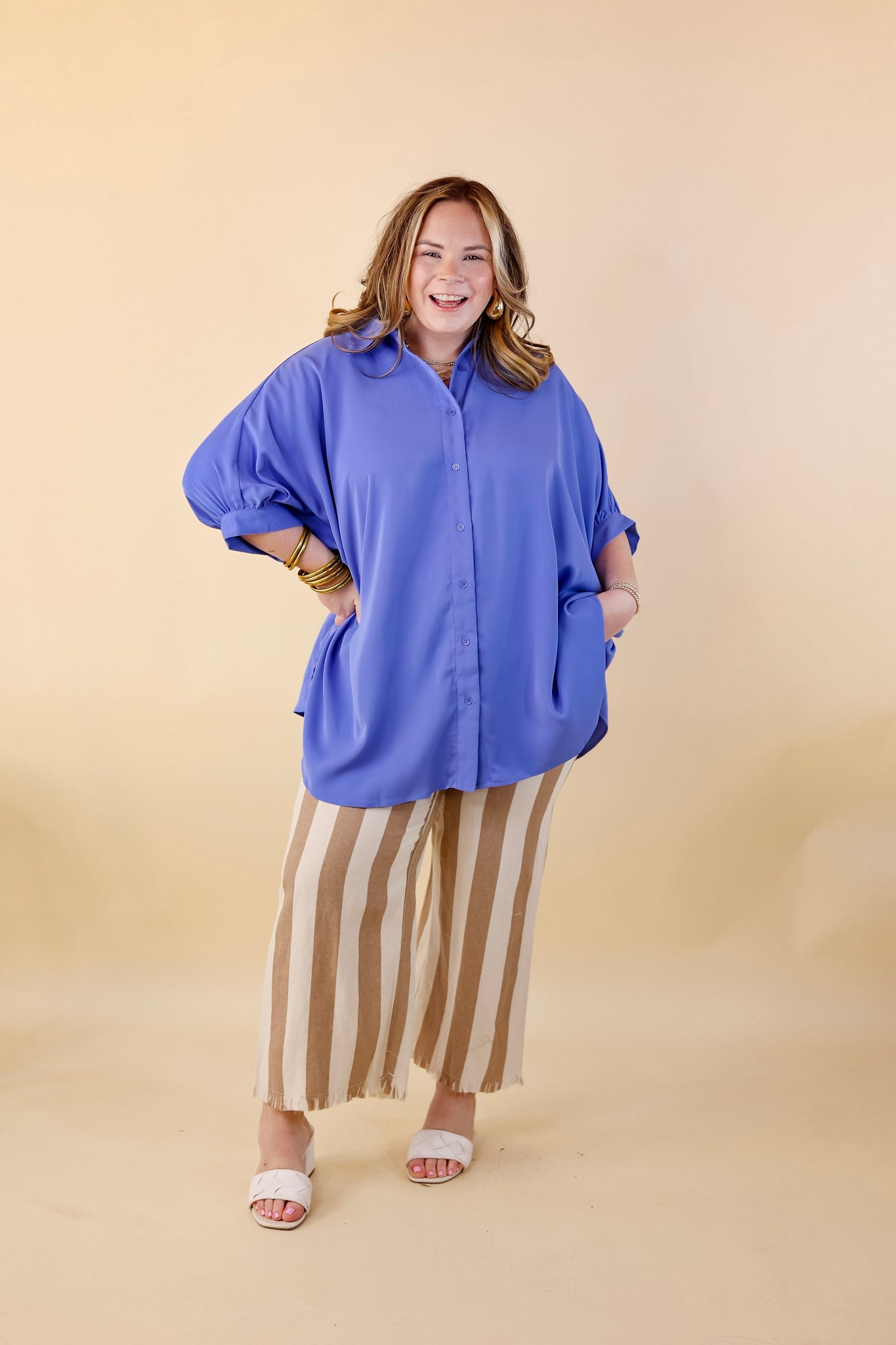 City Lifestyle Button Up Half Sleeve Poncho Top in Chambray Blue - Giddy Up Glamour Boutique
