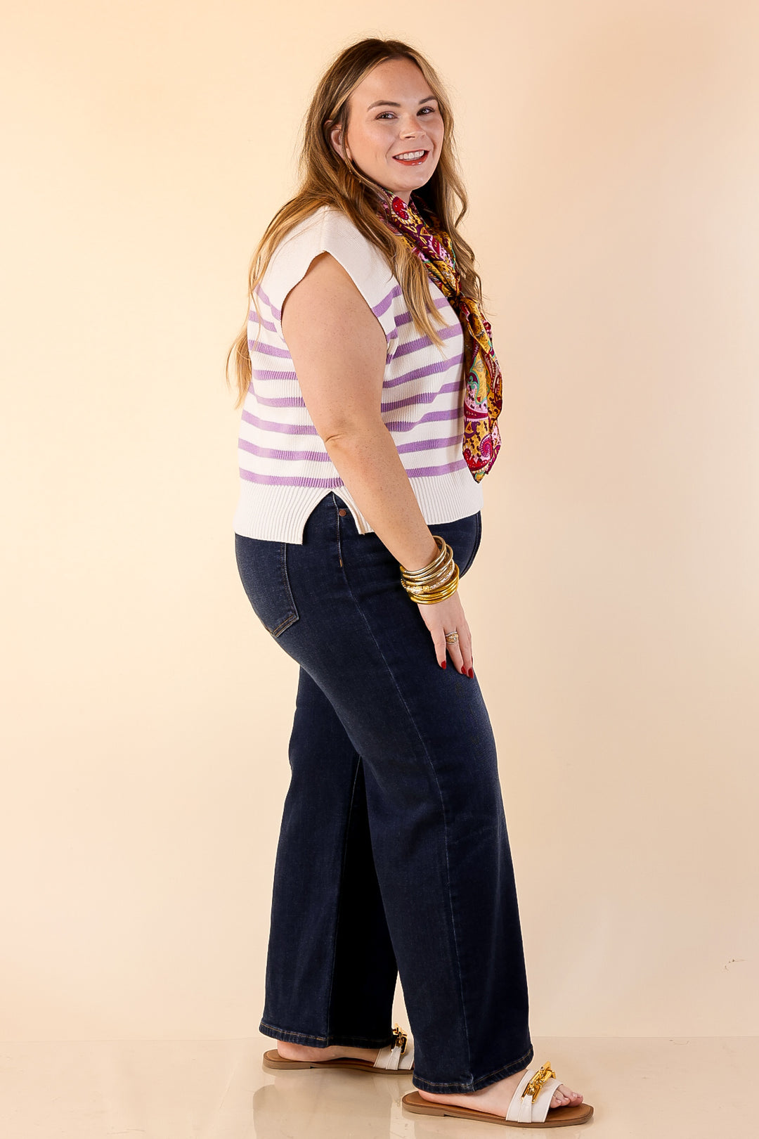 Stripe Things Up Drop Shoulder Knit Sweater in White with Lavender Purple Stripes