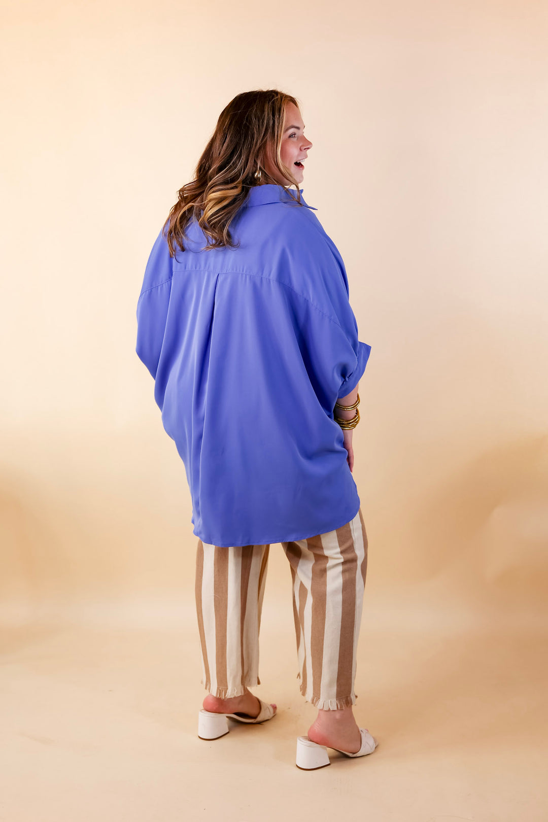 City Lifestyle Button Up Half Sleeve Poncho Top in Chambray Blue - Giddy Up Glamour Boutique