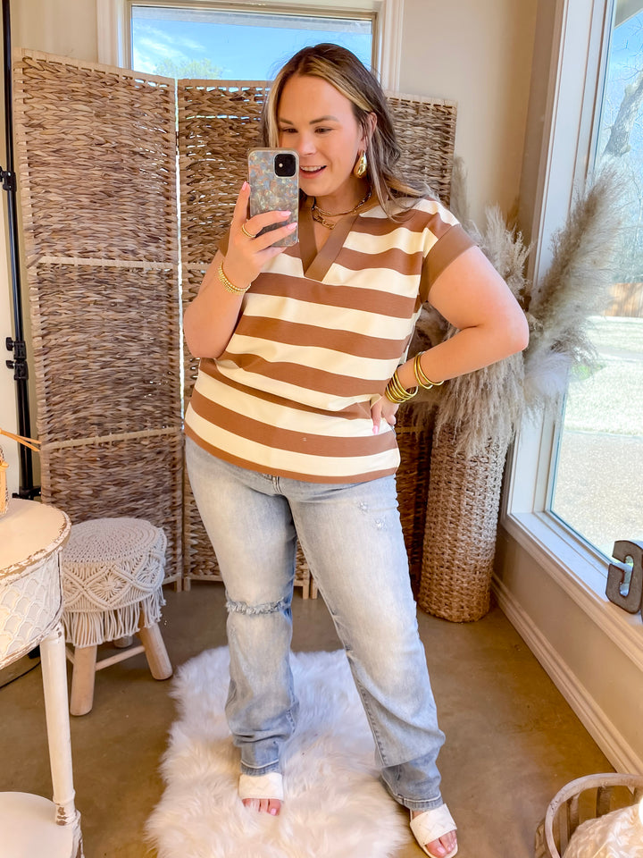 Stripe it Simple Collared Stripe Top with Drop Sleeves in Taupe and Cream - Giddy Up Glamour Boutique