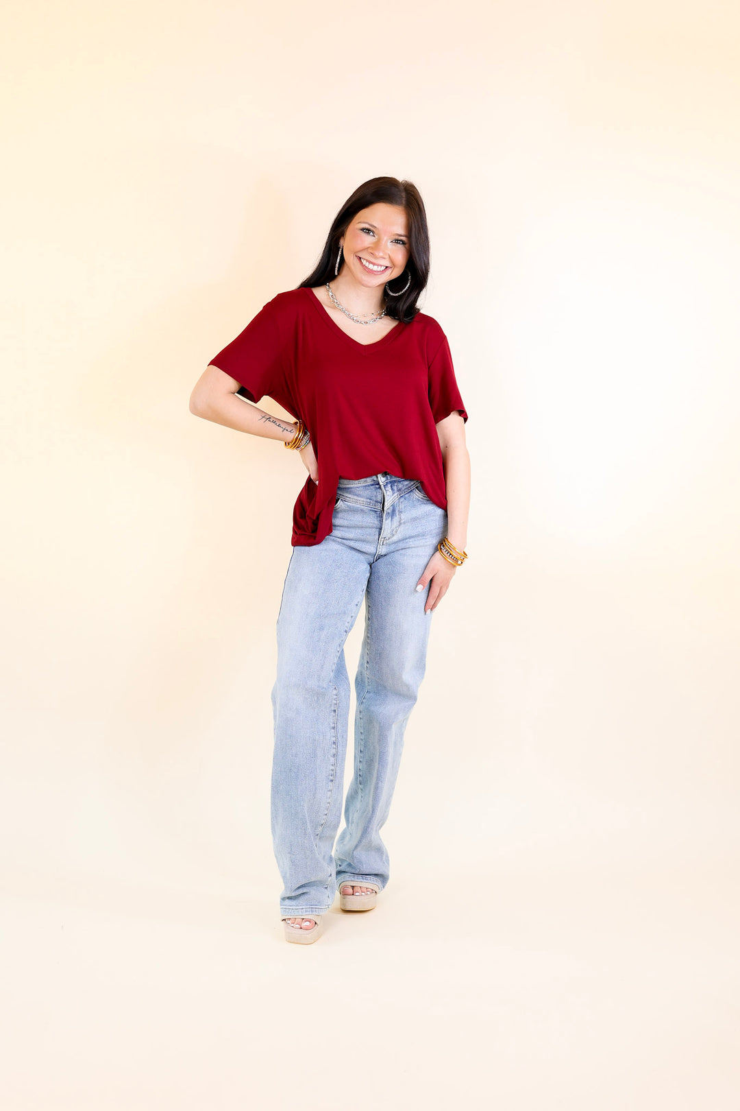 Last Chance Size Small & 3XL | It's That Simple Solid V Neck Tee in Maroon