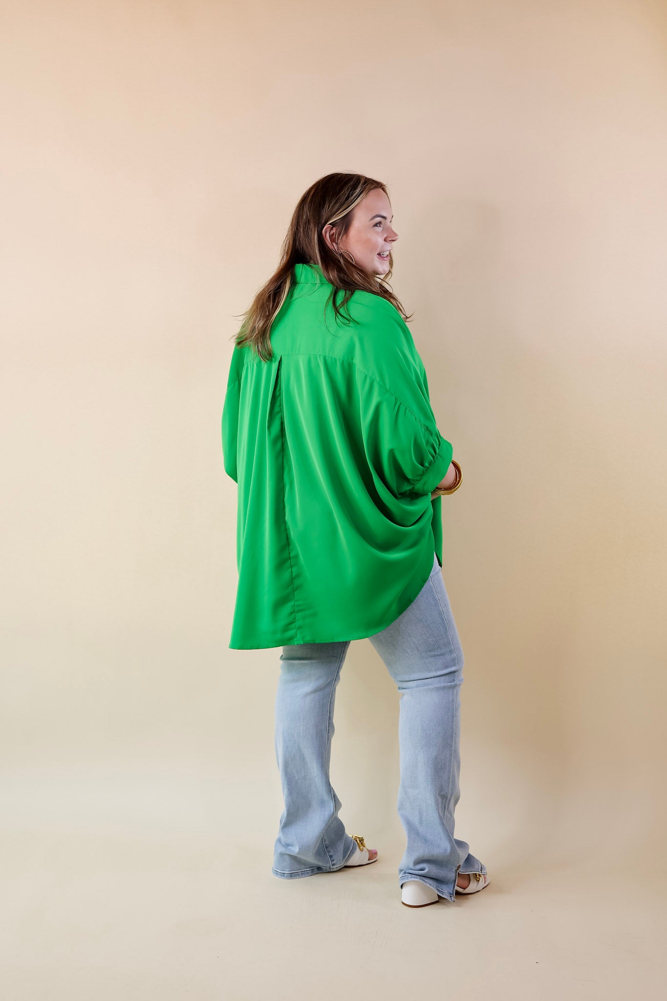 City Lifestyle Button Up Half Sleeve Poncho Top in Green - Giddy Up Glamour Boutique