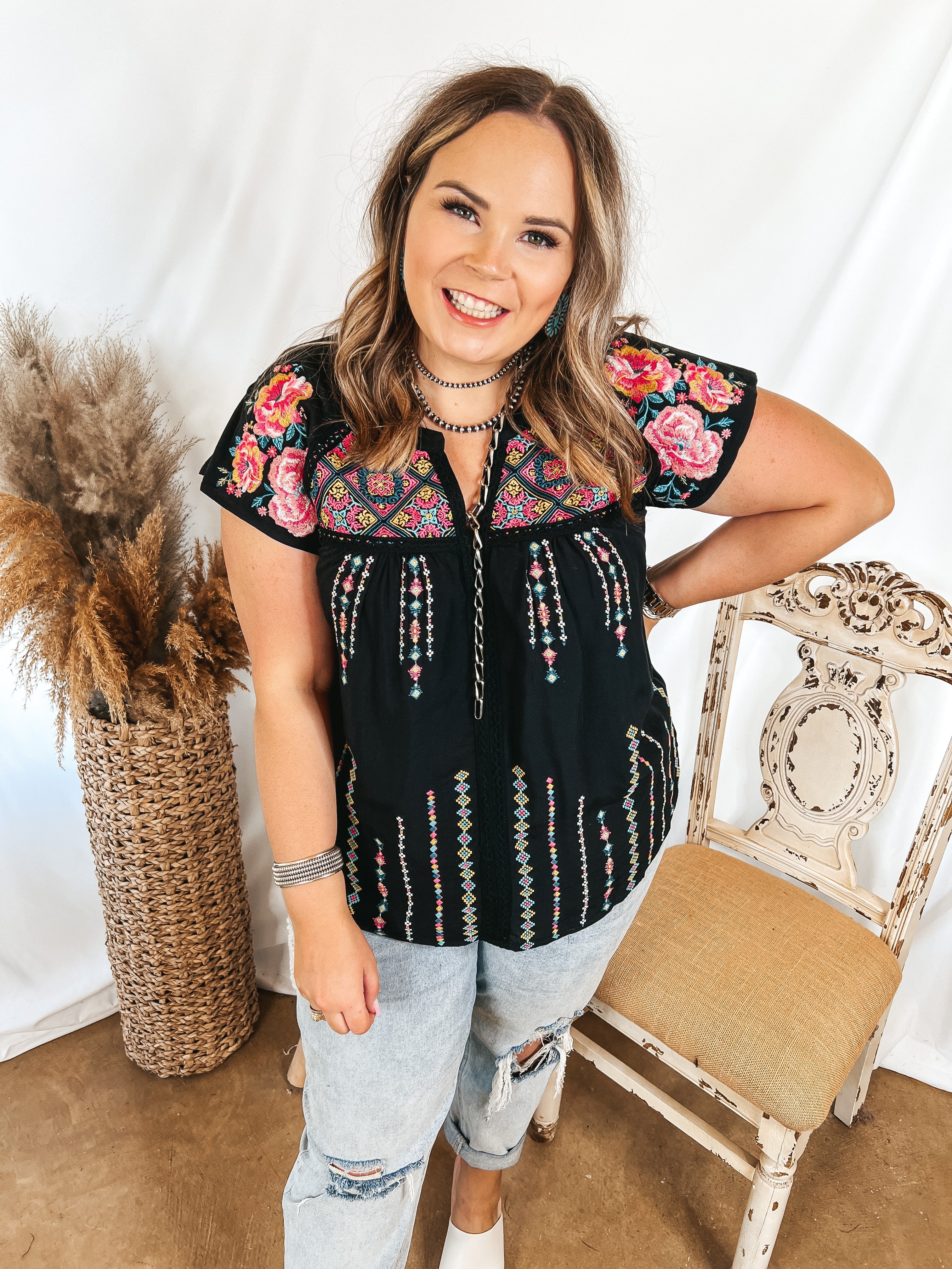 On A Journey Floral Embroidered V Notched Blouse in Black - Giddy Up Glamour Boutique