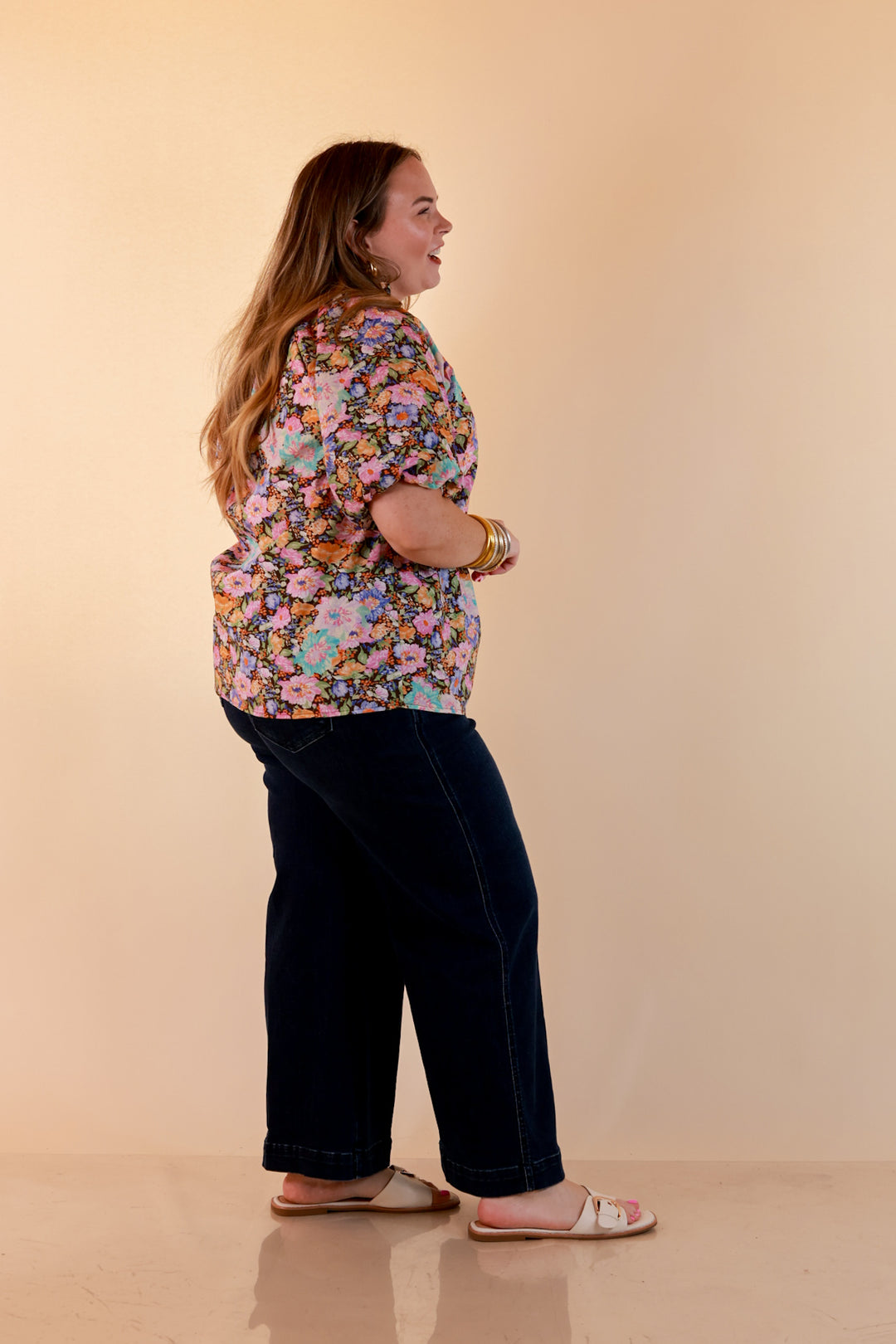 Blooming Beauty Floral Print V Neck Top with Smocked Neckline and Puff Sleeves in Multi Color