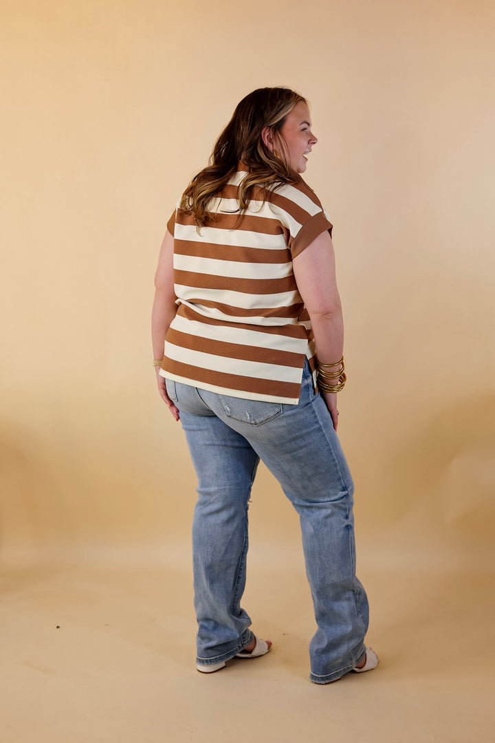 Stripe it Simple Collared Stripe Top with Drop Sleeves in Taupe and Cream - Giddy Up Glamour Boutique