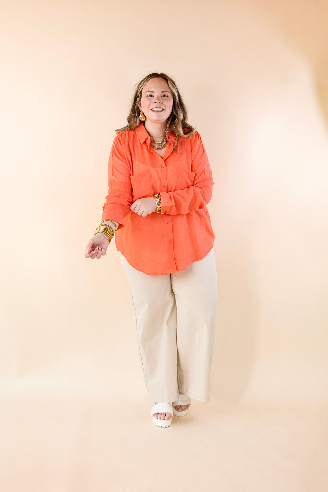 Effortlessly Charming Button Up With Crepe Fabric Top in Coral Orange - Giddy Up Glamour Boutique