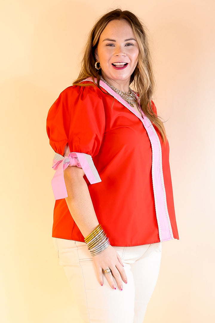 Last Chance Size Medium | Perfectly Poised V Neck Top with Short Balloon Sleeves with Bows in Red - ONLINE EXCLUSIVE