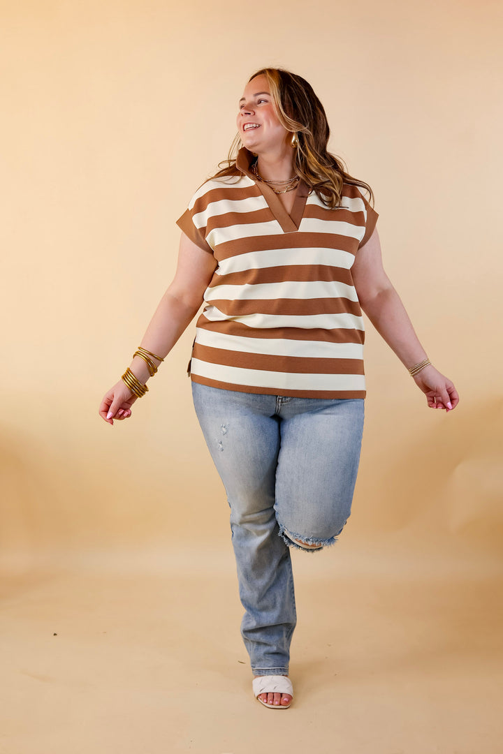 Stripe it Simple Collared Stripe Top with Drop Sleeves in Taupe and Cream - Giddy Up Glamour Boutique