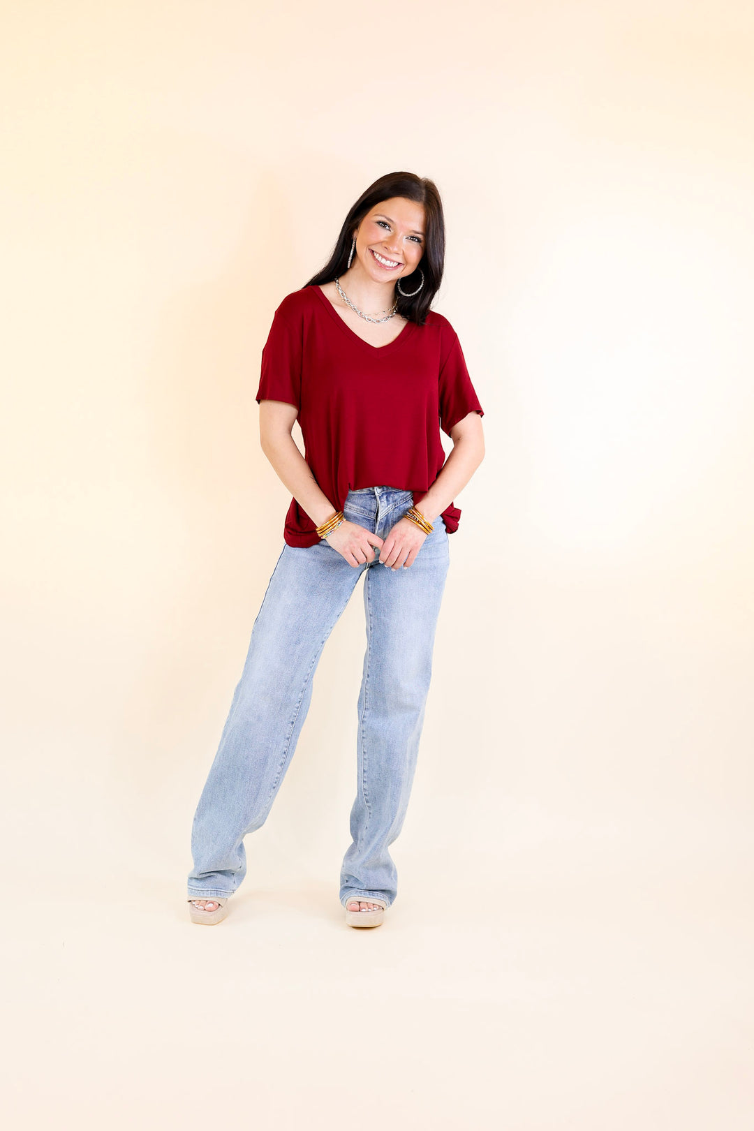 Last Chance Size Small & 3XL | It's That Simple Solid V Neck Tee in Maroon