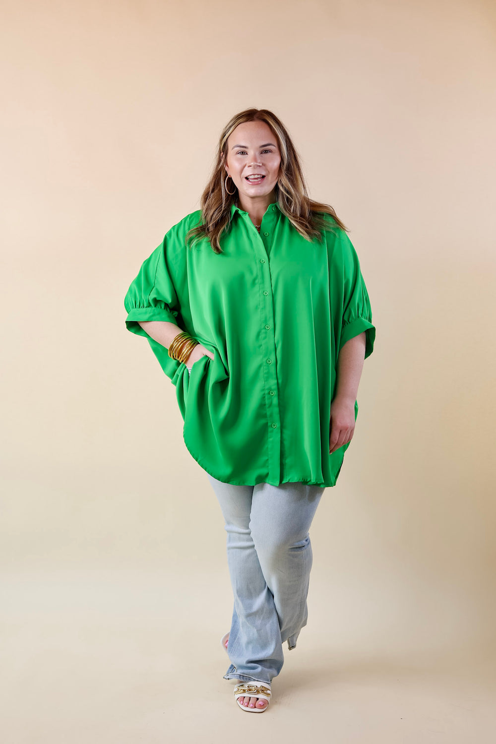 City Lifestyle Button Up Half Sleeve Poncho Top in Green - Giddy Up Glamour Boutique