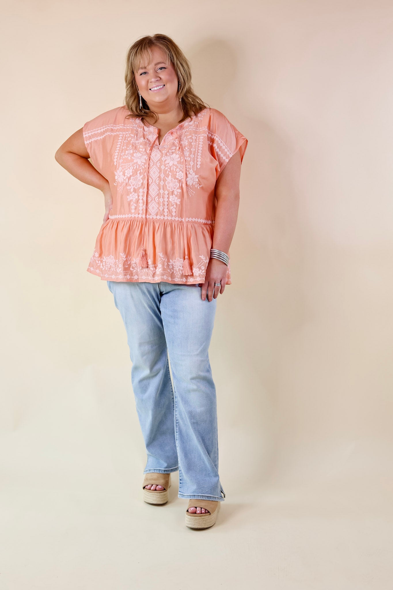 Craving Sunshine Embroidered Cap Sleeve Top with Keyhole in Light Coral Orange - Giddy Up Glamour Boutique