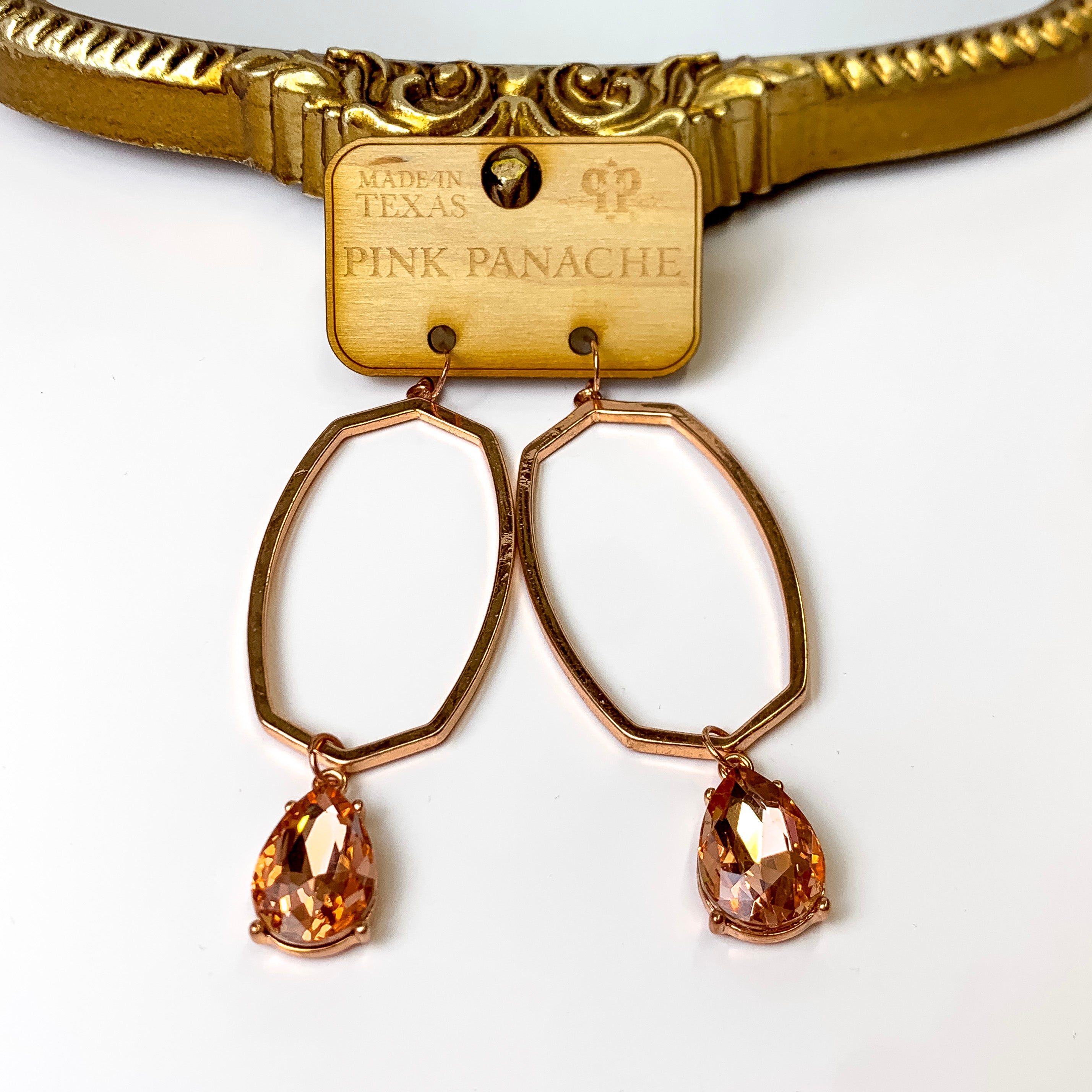 Pink Panache | Open Oval Earrings with Crystal Teardrop Dangle in Rose Gold Tone - Giddy Up Glamour Boutique