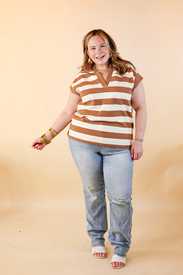 Stripe it Simple Collared Stripe Top with Drop Sleeves in Taupe and Cream - Giddy Up Glamour Boutique