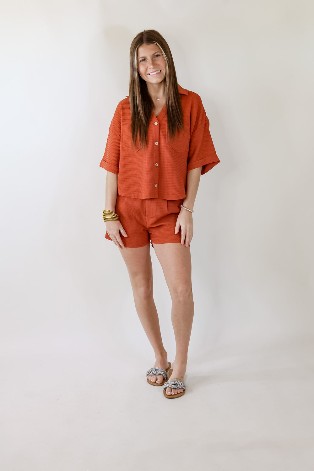 Time To Go Waffle Weave Button Up Top in Spice Brown - Giddy Up Glamour Boutique