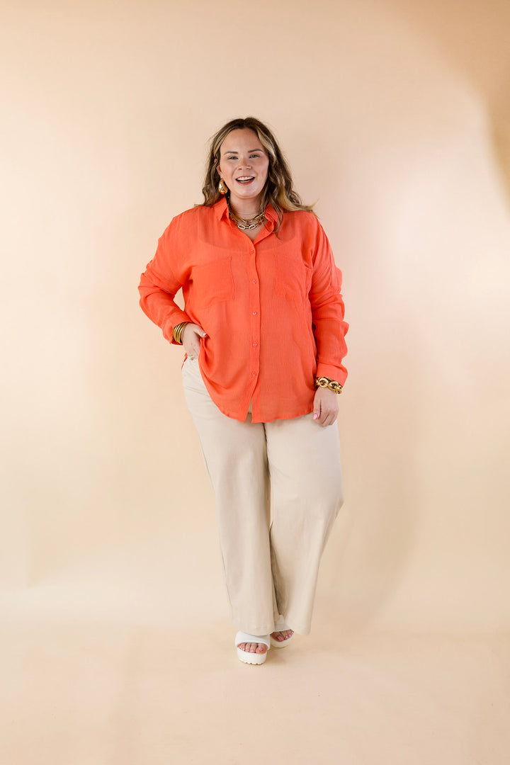 Effortlessly Charming Button Up With Crepe Fabric Top in Coral Orange - Giddy Up Glamour Boutique