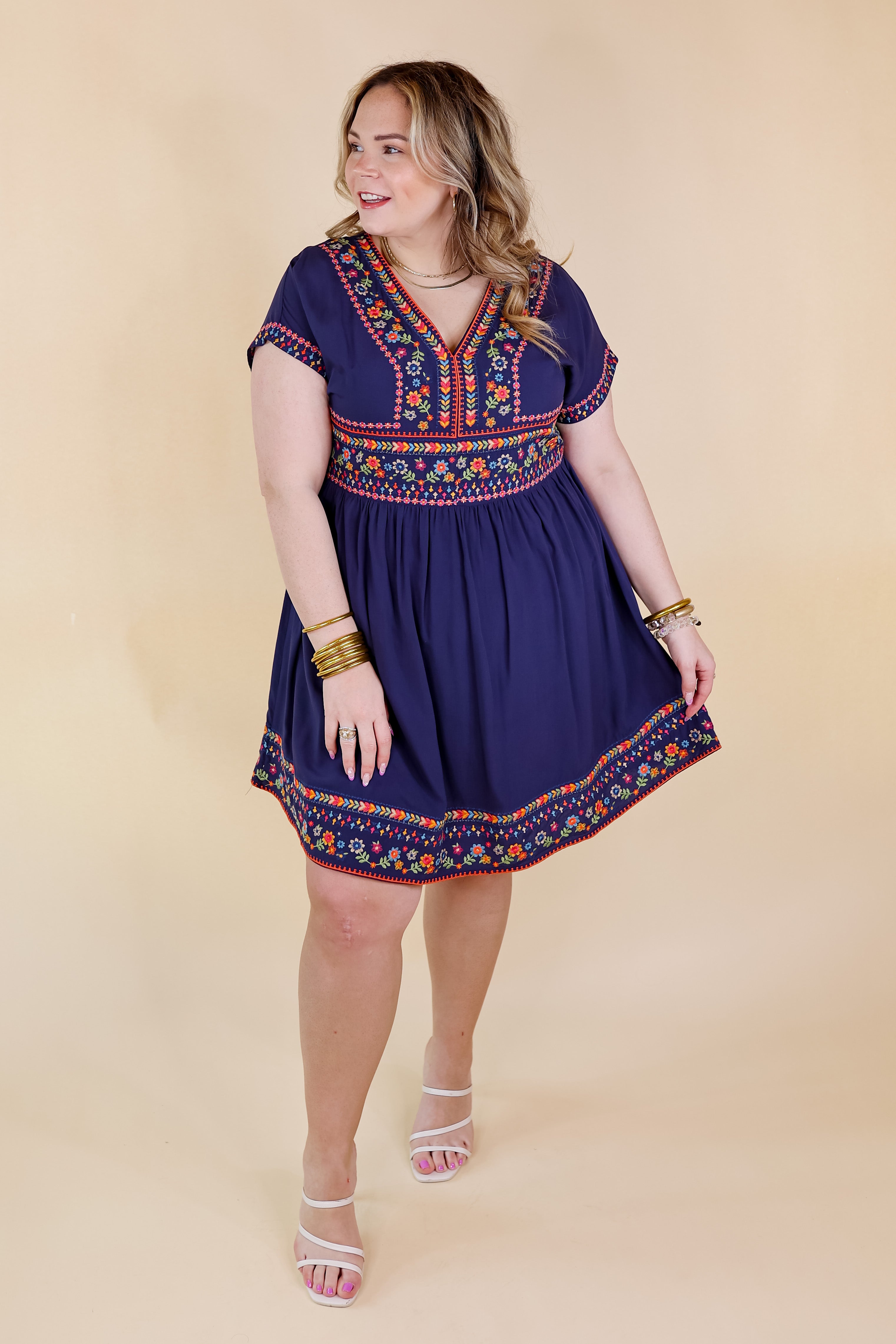 Passing Through V Neck Embroidered Dress with Short Sleeves in Navy Blue - Giddy Up Glamour Boutique