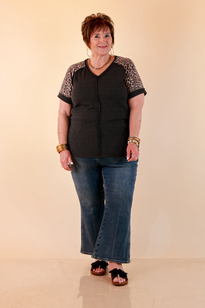 Easy Attraction Waffle Knit V Neck Top with Leopard Print Sleeves in Black