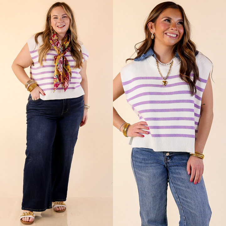 Stripe Things Up Drop Shoulder Knit Sweater in White with Lavender Purple Stripes