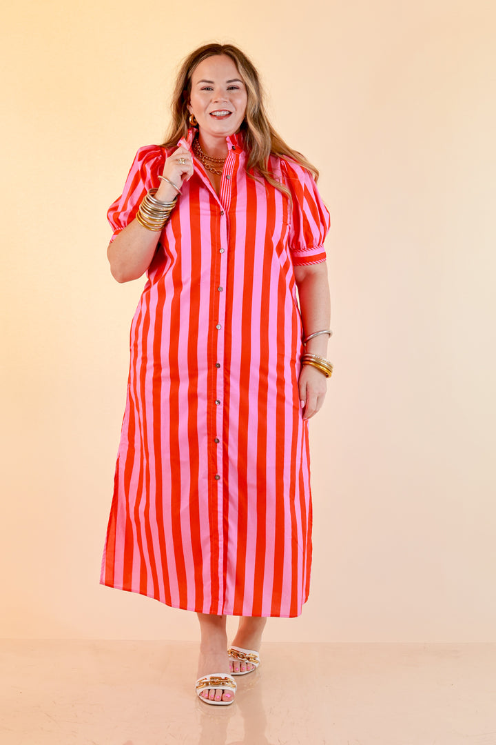 Strut and Shine Stripe Midi Dress with Button Front Detail and Puff Sleeves in Pink and Red
