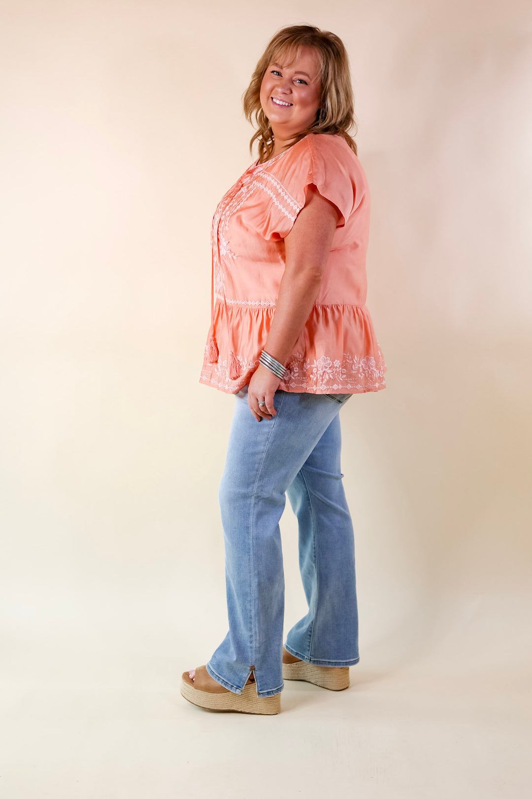 Craving Sunshine Embroidered Cap Sleeve Top with Keyhole in Light Coral Orange - Giddy Up Glamour Boutique